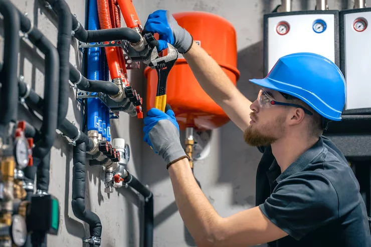 A plumber using a wrench to maintain a building’s pipework