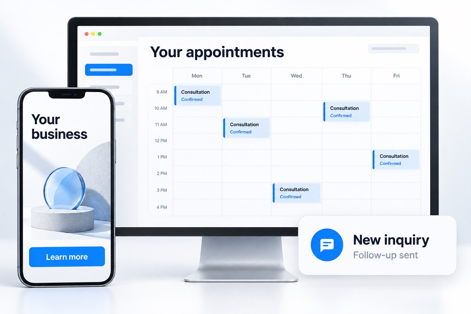 Illustration of a business ad, customer follow-up, and a booking calendar working together